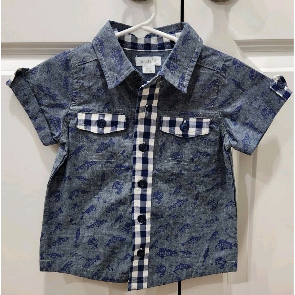 Mud Pie Boys Button Up Collarβ Shirt Fish Theme Size Toddler Small 12M/18M